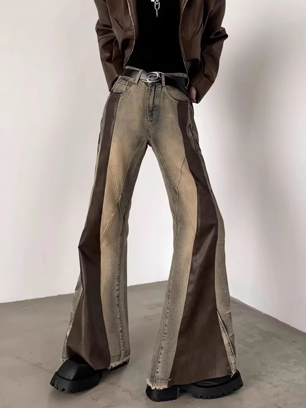 Men's Plus Size Vintage Washed Two-Tone Flare Jeans