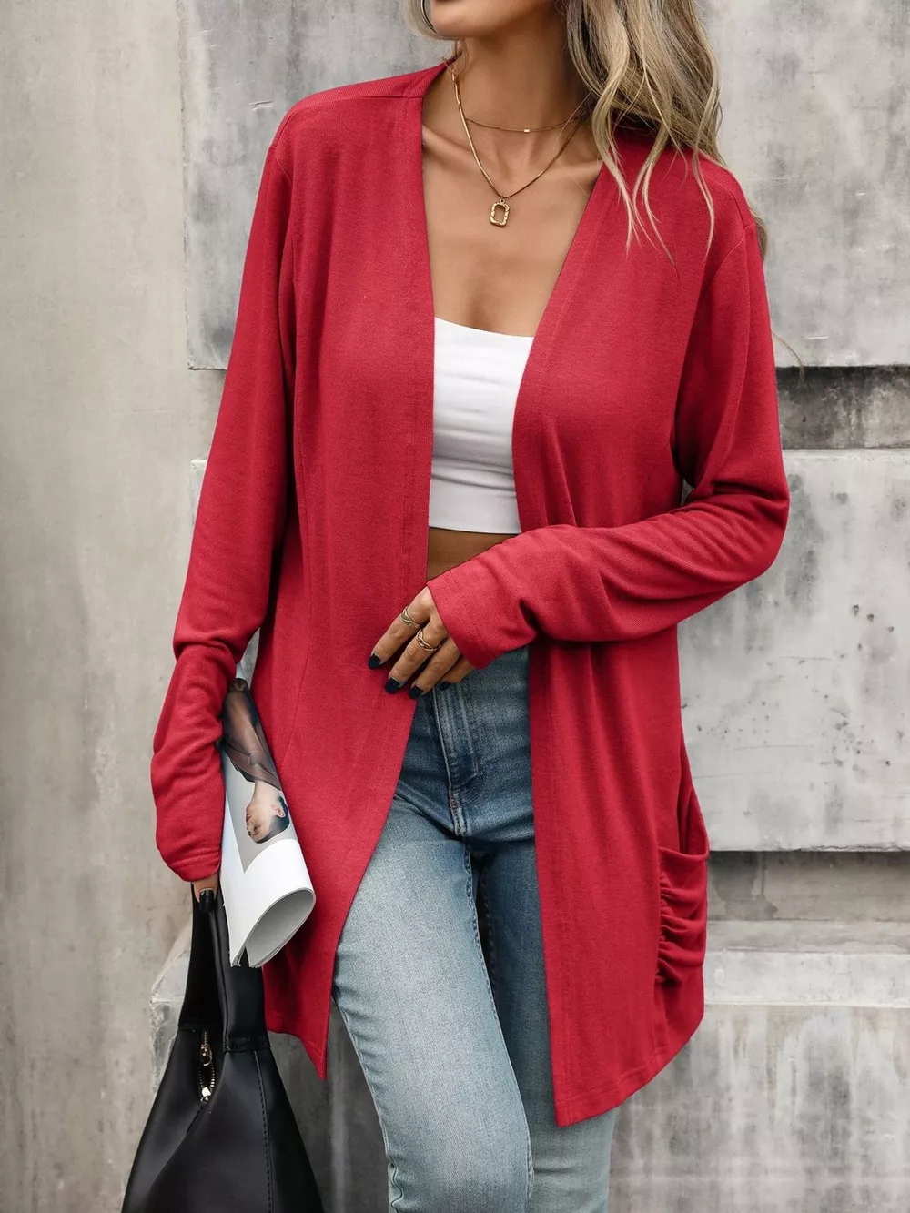 Ruched Pocket Open Front Cardigan, image 3