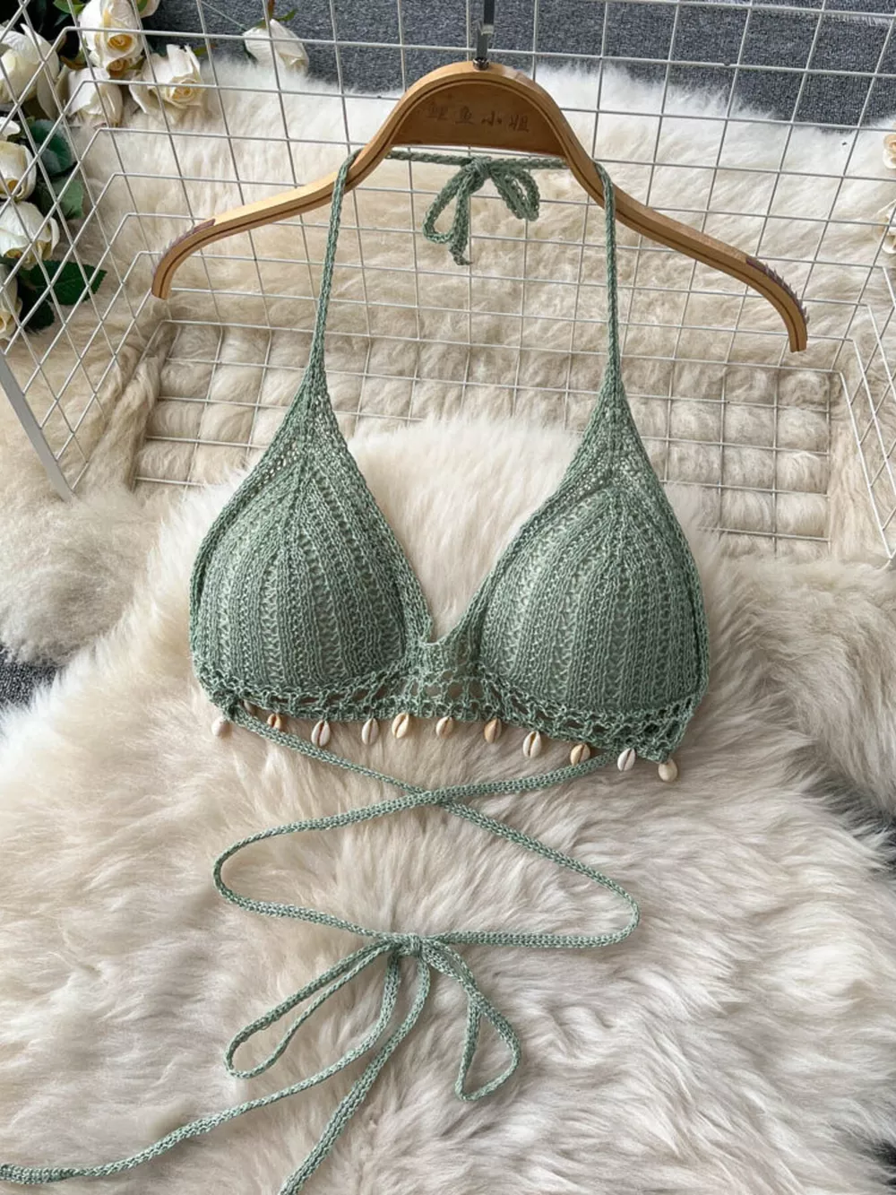 Crochet Knit Halter Neck Top and Wide Leg Pants Set, image 6