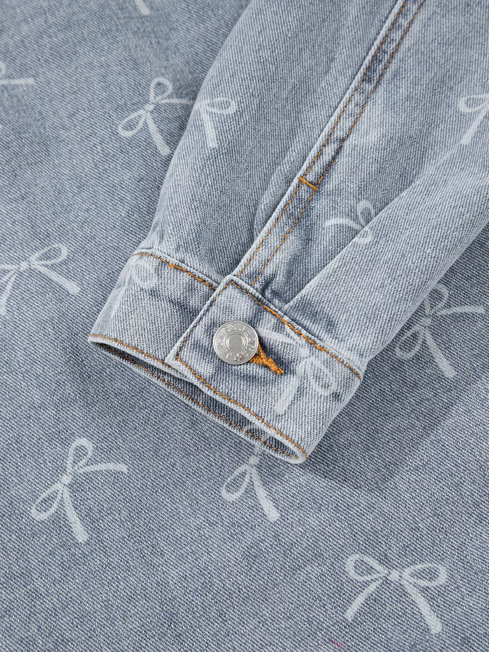Bow Knot Print Light Wash Raw Hem Denim Jacket, image 8
