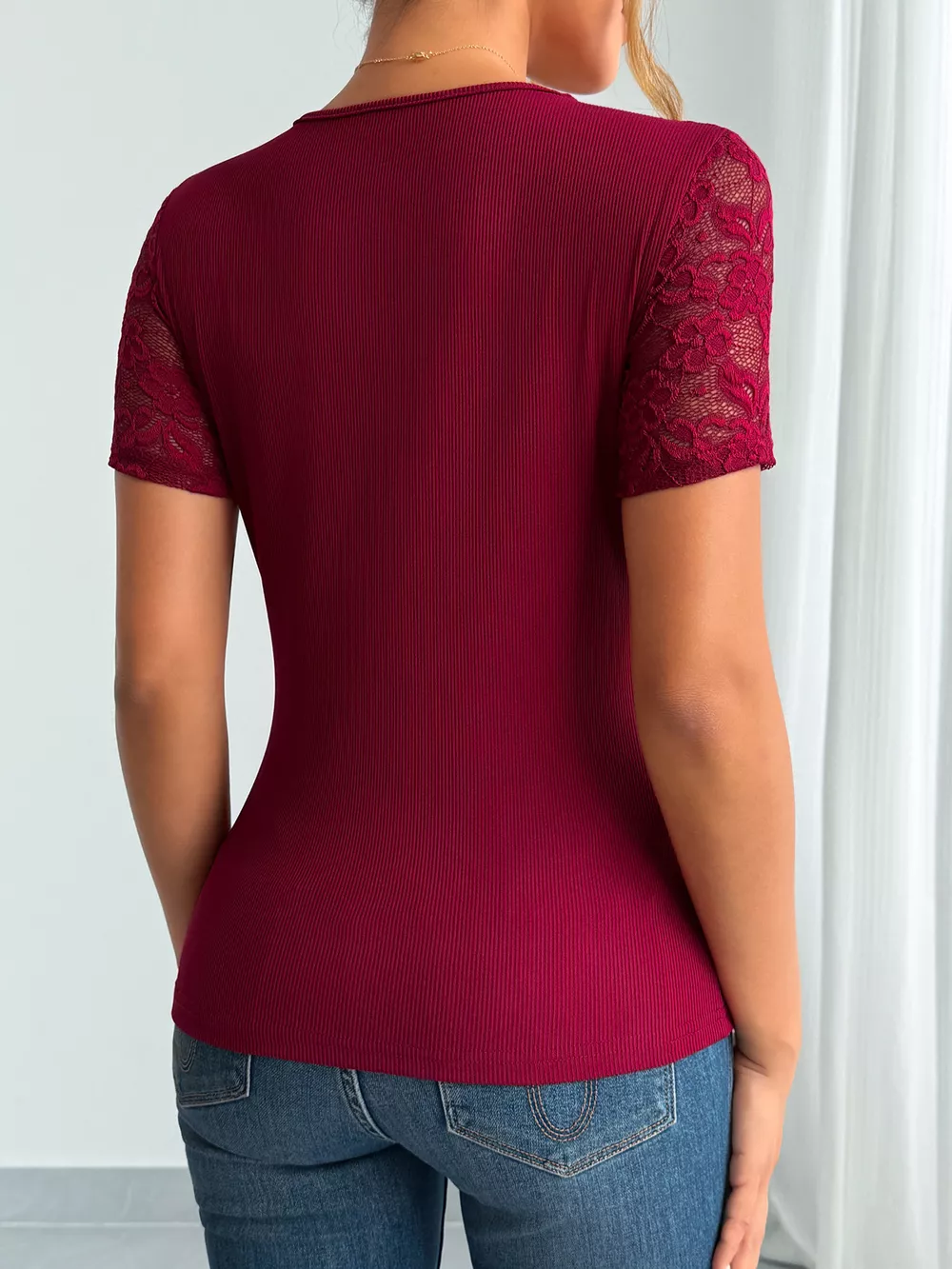 Elegant Lace Trim V-Neck Fitted Top, image 2