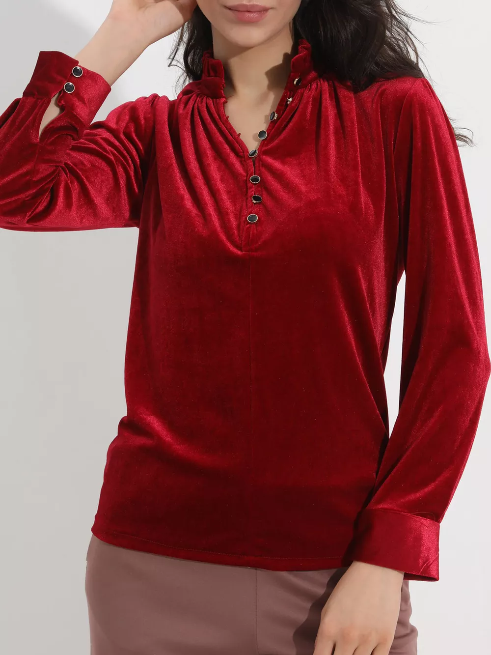 Elegant Velvet Ruffle Neck Blouse, image 4