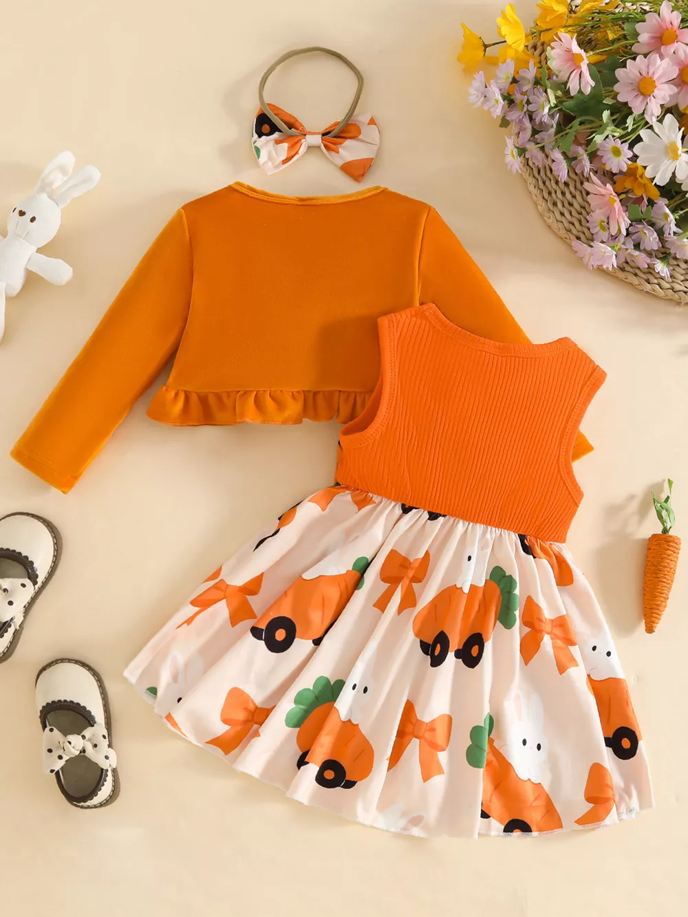 Children's Ruffled Cardigan and Bow Dress Set with Headband, image 3