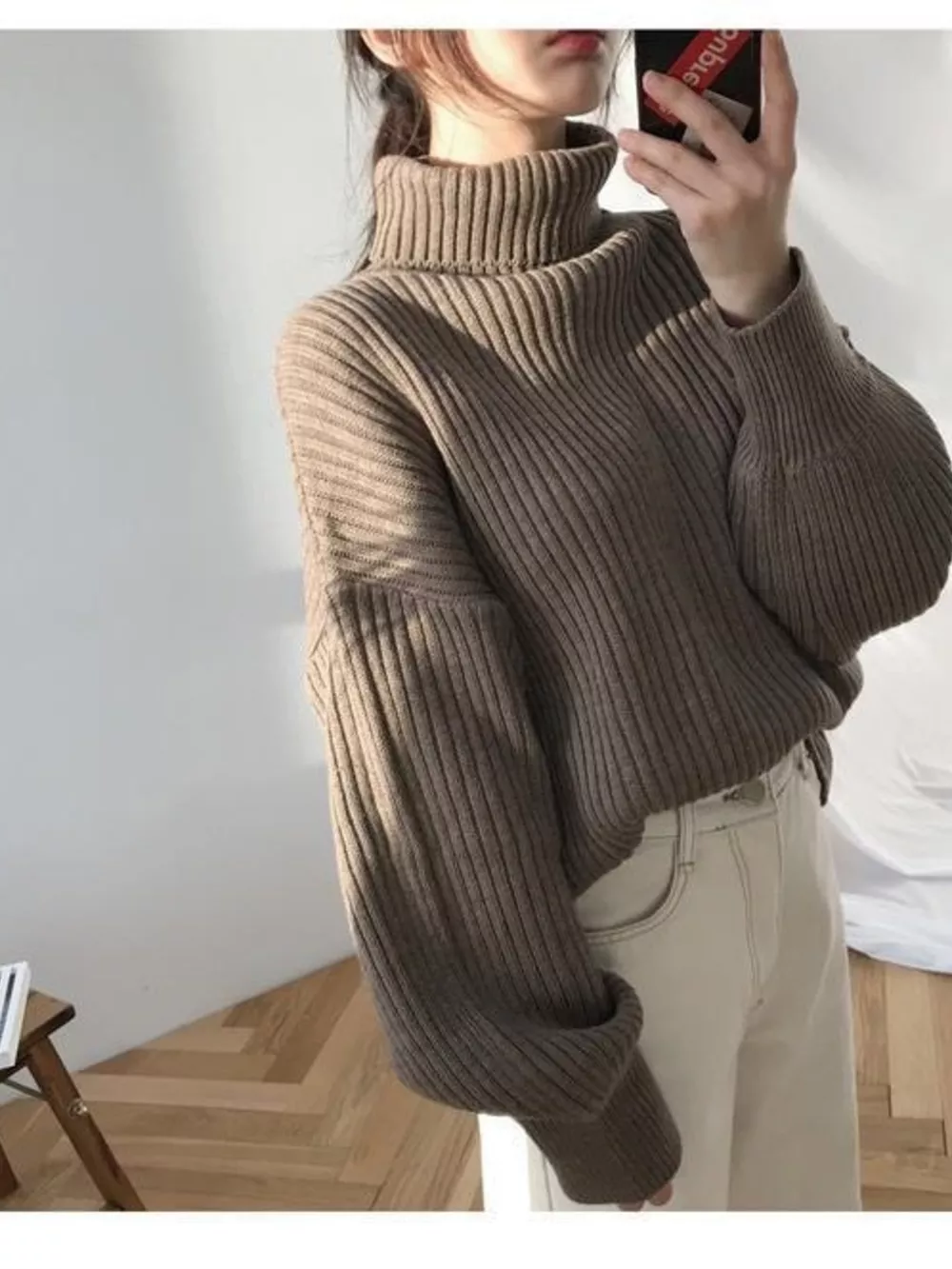 Oversized Turtleneck Ribbed Knit Sweater, image 10