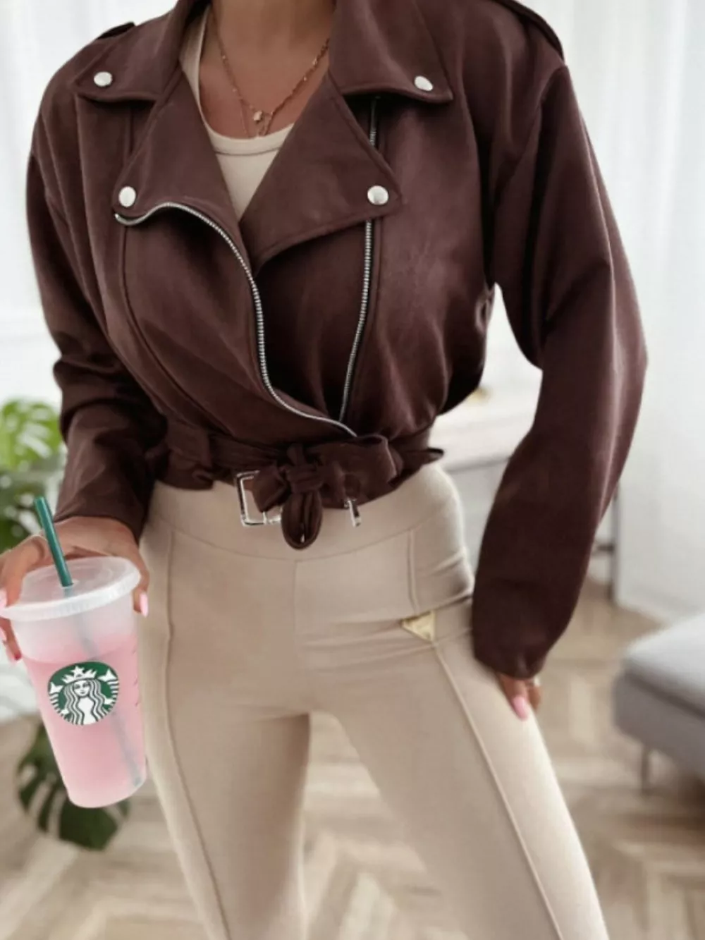 Cropped Biker Jacket with Belt Detail, image 13