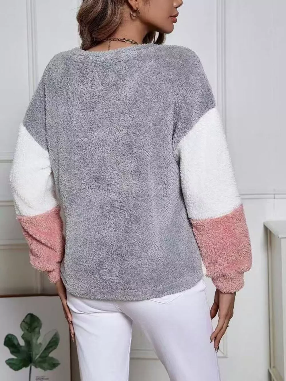 Color Block Fuzzy Knit Sweatshirt, image 2
