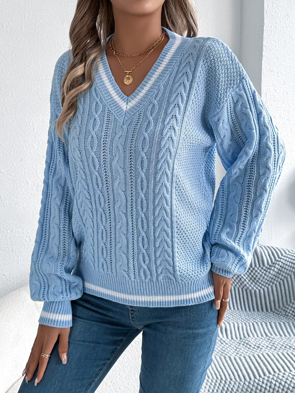 Cable Knit V-Neck Long Sleeve Sweater, image 8