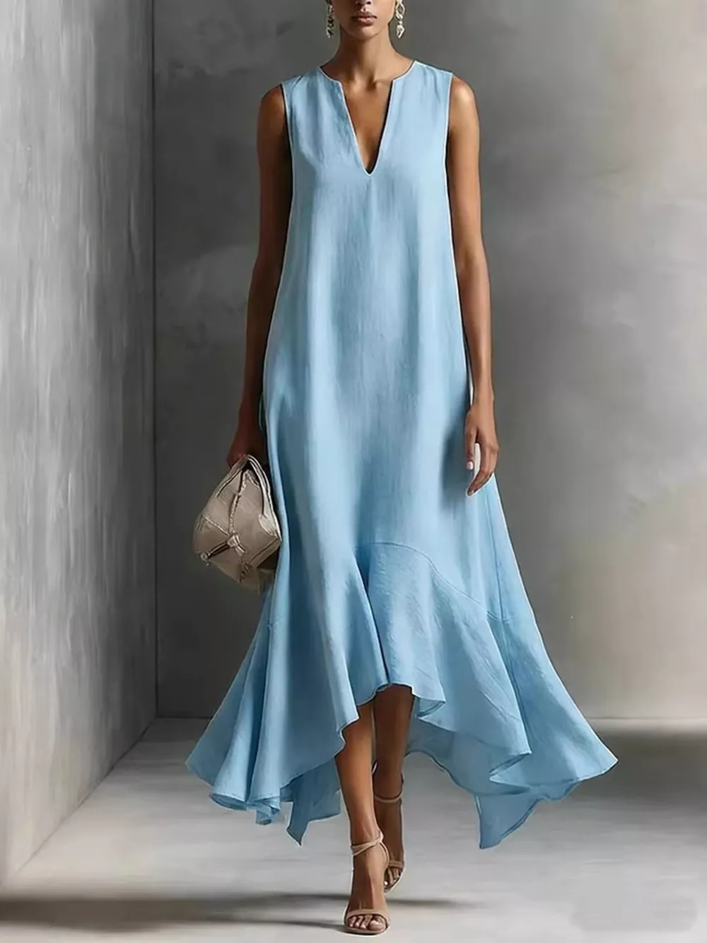 Ruffled Hem Sleeveless Notched Dress, image 6