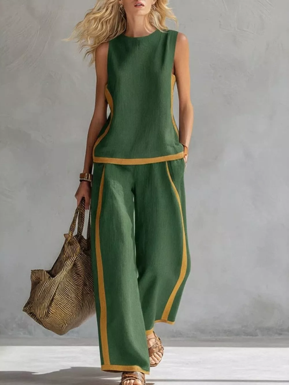 Full Size Contrast Stripe Sleeveless Top & Wide-Leg Pants Set Plus Size, image 5