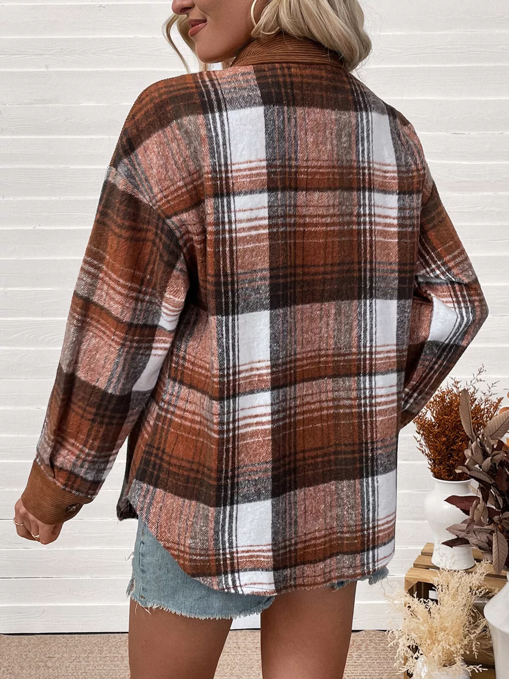 Plaid Button-Up Shacket with Chest Pockets, image 3