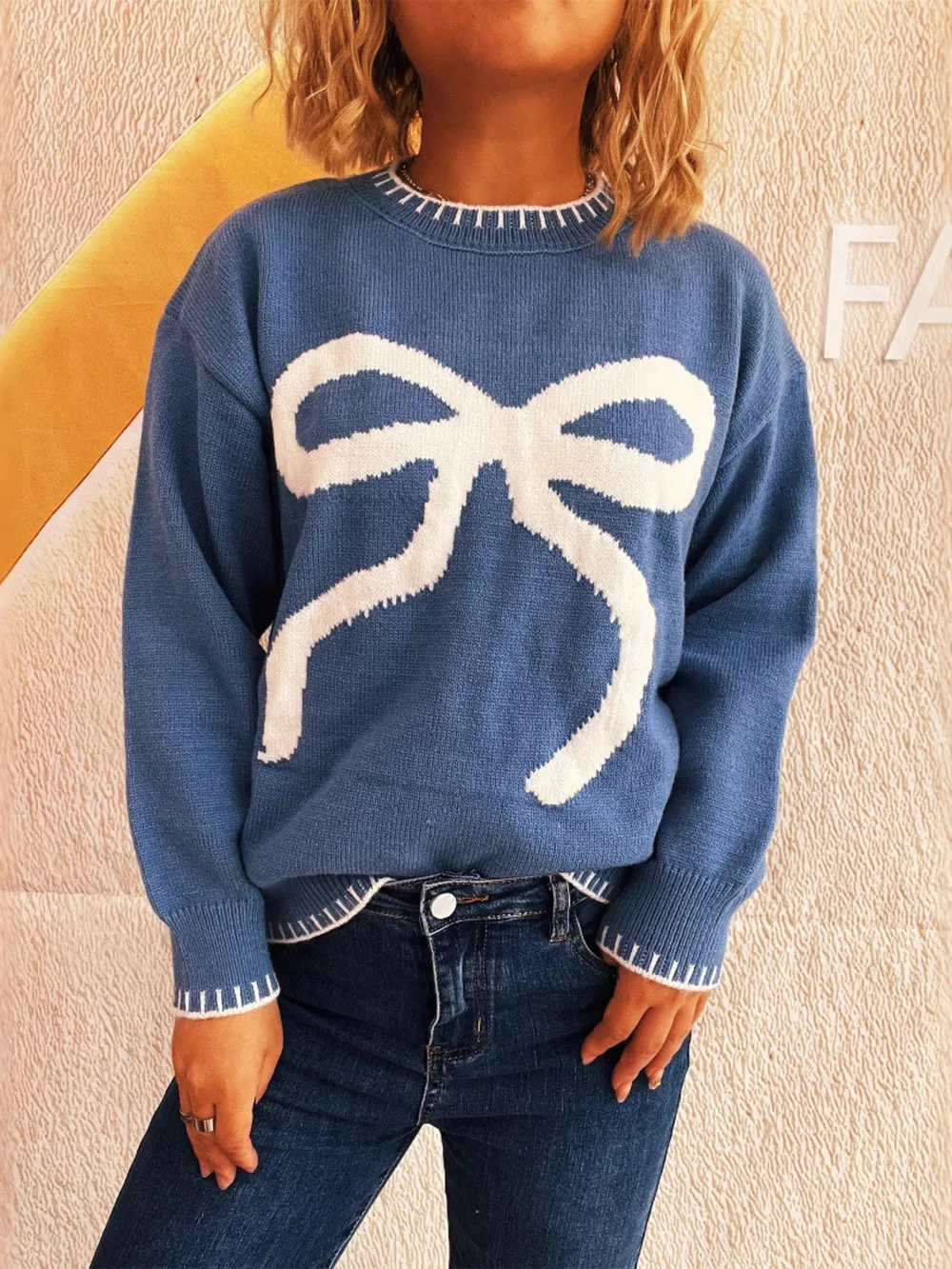 Bow Pattern Round Neck Sweater, image 9
