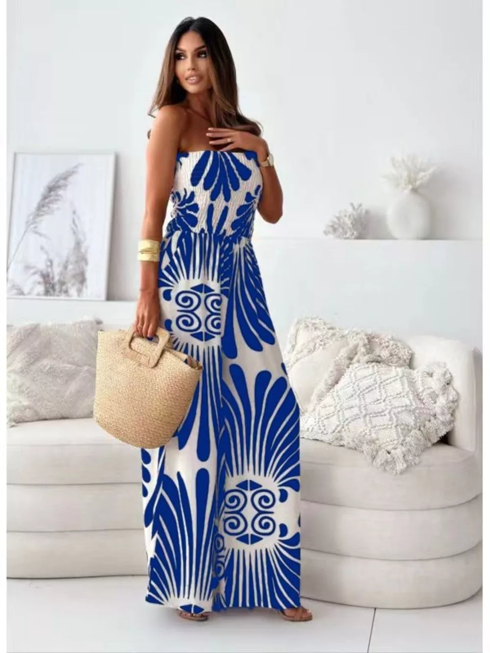 Printed Strapless Wide-Leg Jumpsuit, image 7