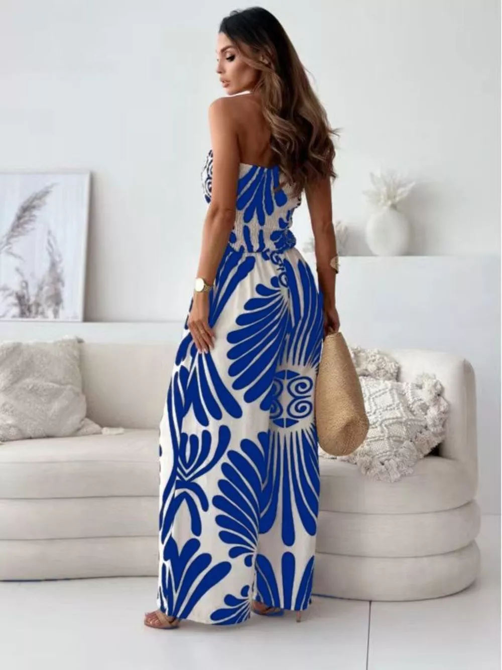 Printed Strapless Wide-Leg Jumpsuit, image 9