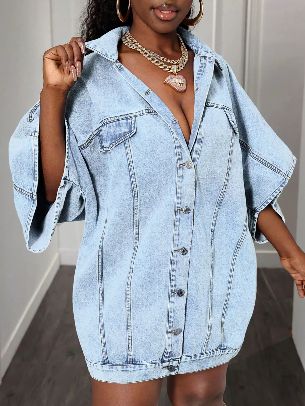 Oversized Batwing Sleeve Denim Top, image 6