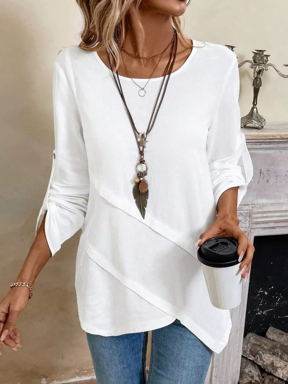 Asymmetrical Hem Solid Color Linen Blouse, image 6
