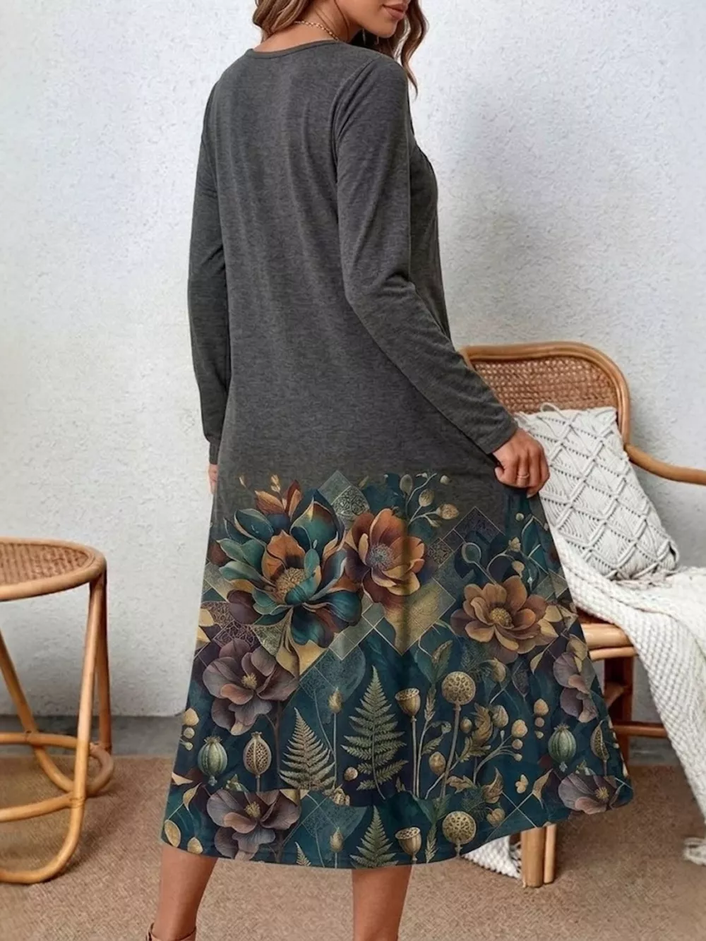 Plus Size Floral Print Long Sleeve Midi Dress, image 2