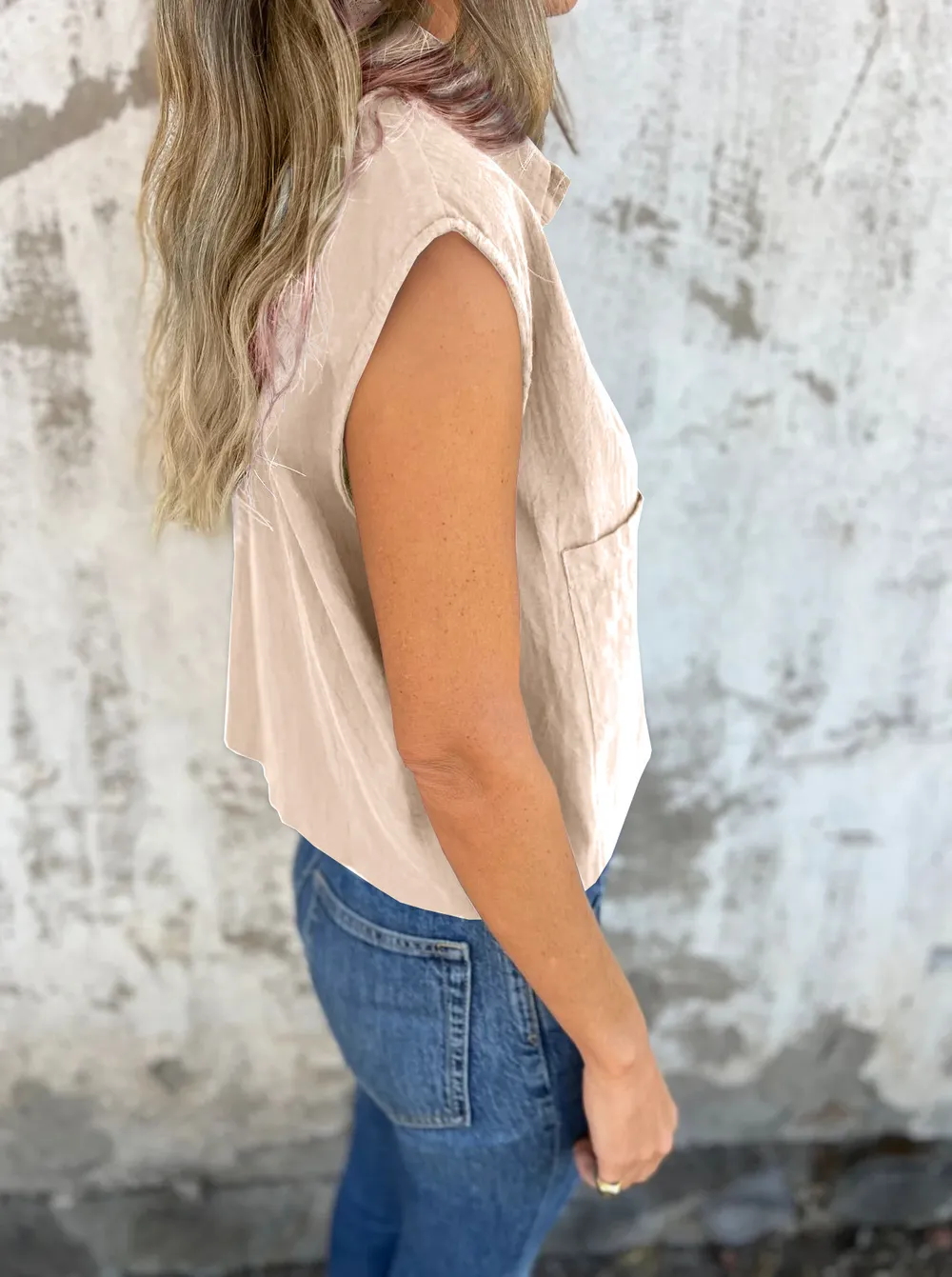 Full Size Button Down Cap Sleeve Linen Shirt Plus Size, image 4