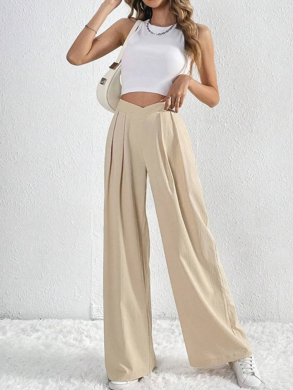 V-Waisted Ruched Front Wide Leg Pants, image 9