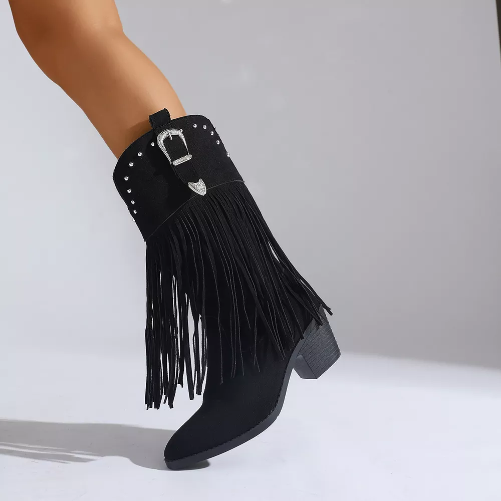 Fringe Round Toe Block Heels Boots, image 3