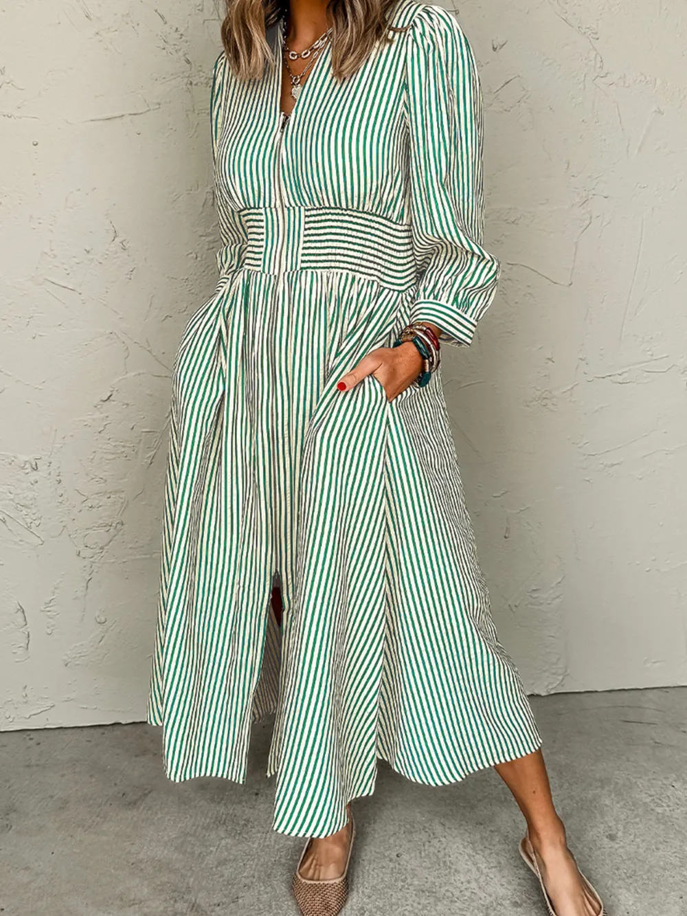Stripe V Neck Zip Front Cinched High Waist Midi Dress