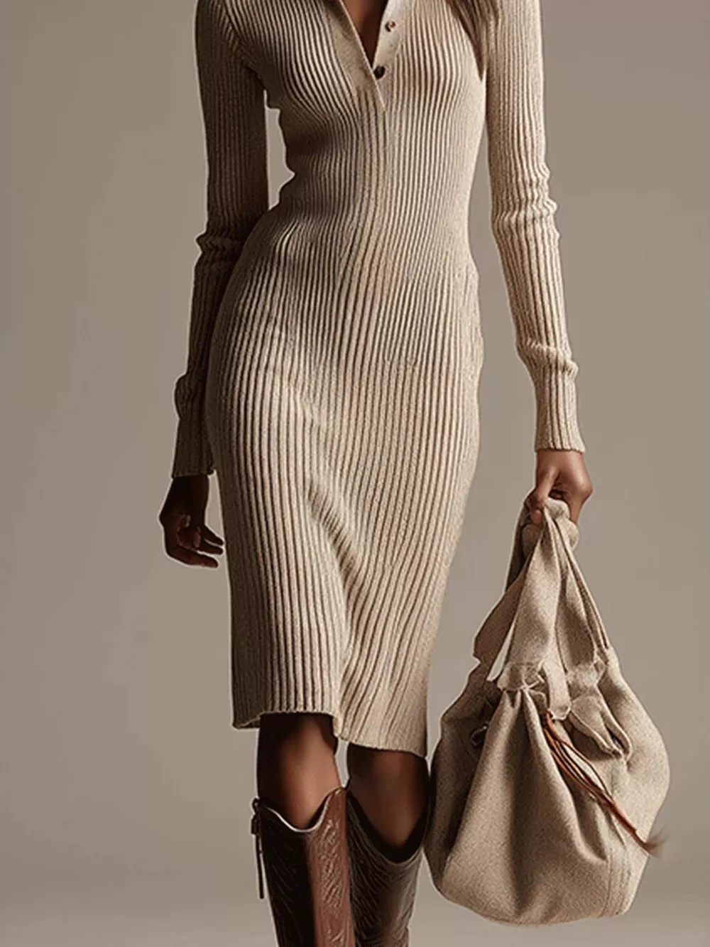 Polo Collar Ribbed Knit Dress, image 3