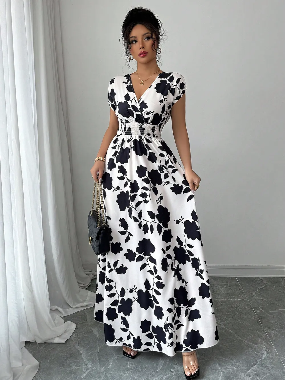 Printed Surplice Cap Sleeve Maxi Dress, image 2