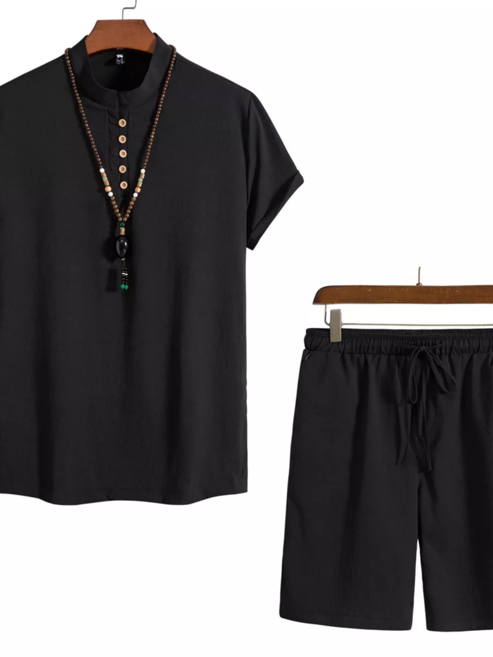 Men's Plus Size Casual Mandarin Collar Short Sleeve Shirt and Shorts Set, image 4