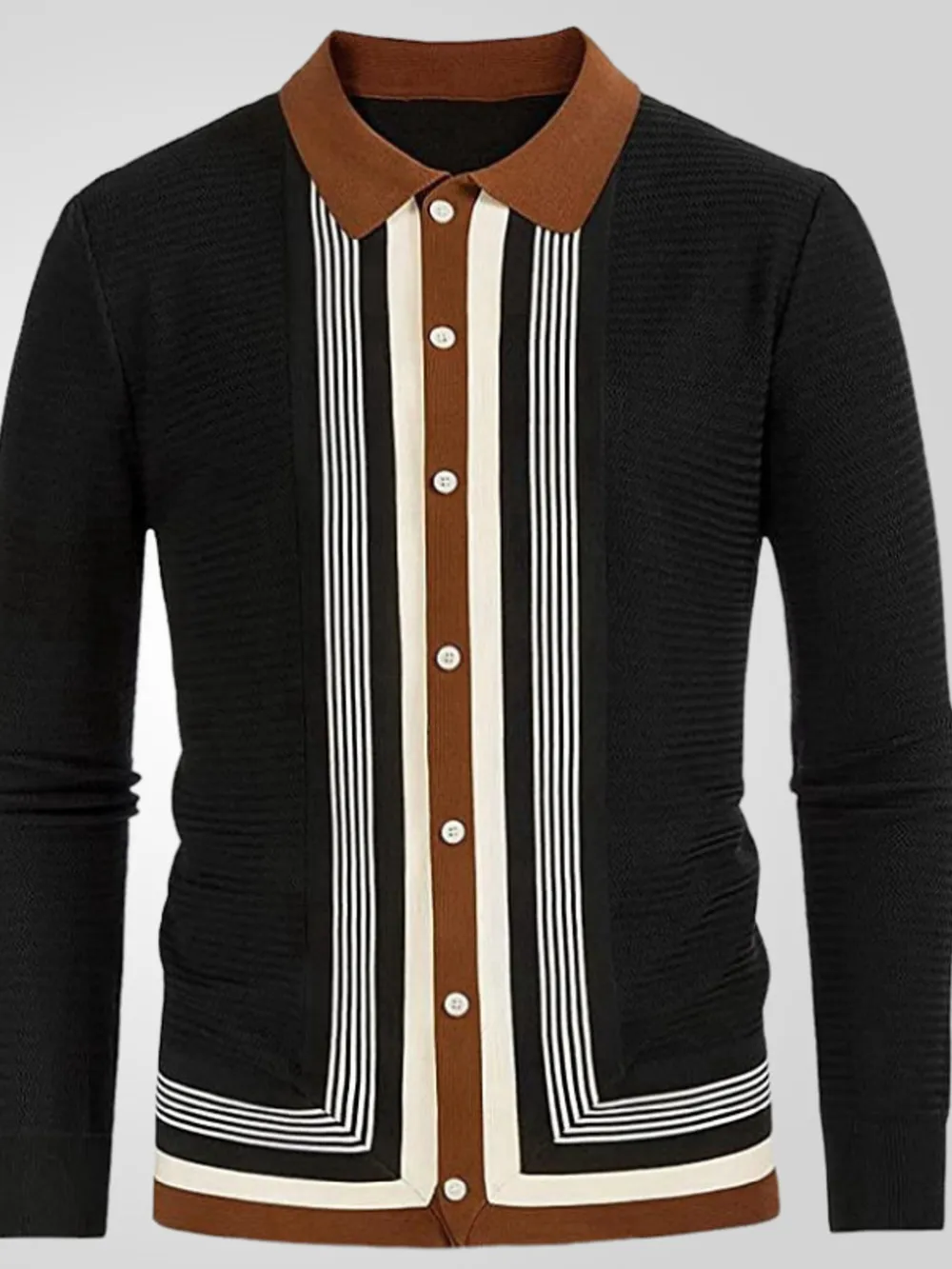 Men's Plus Size Striped Button Up Long Sleeve Polo