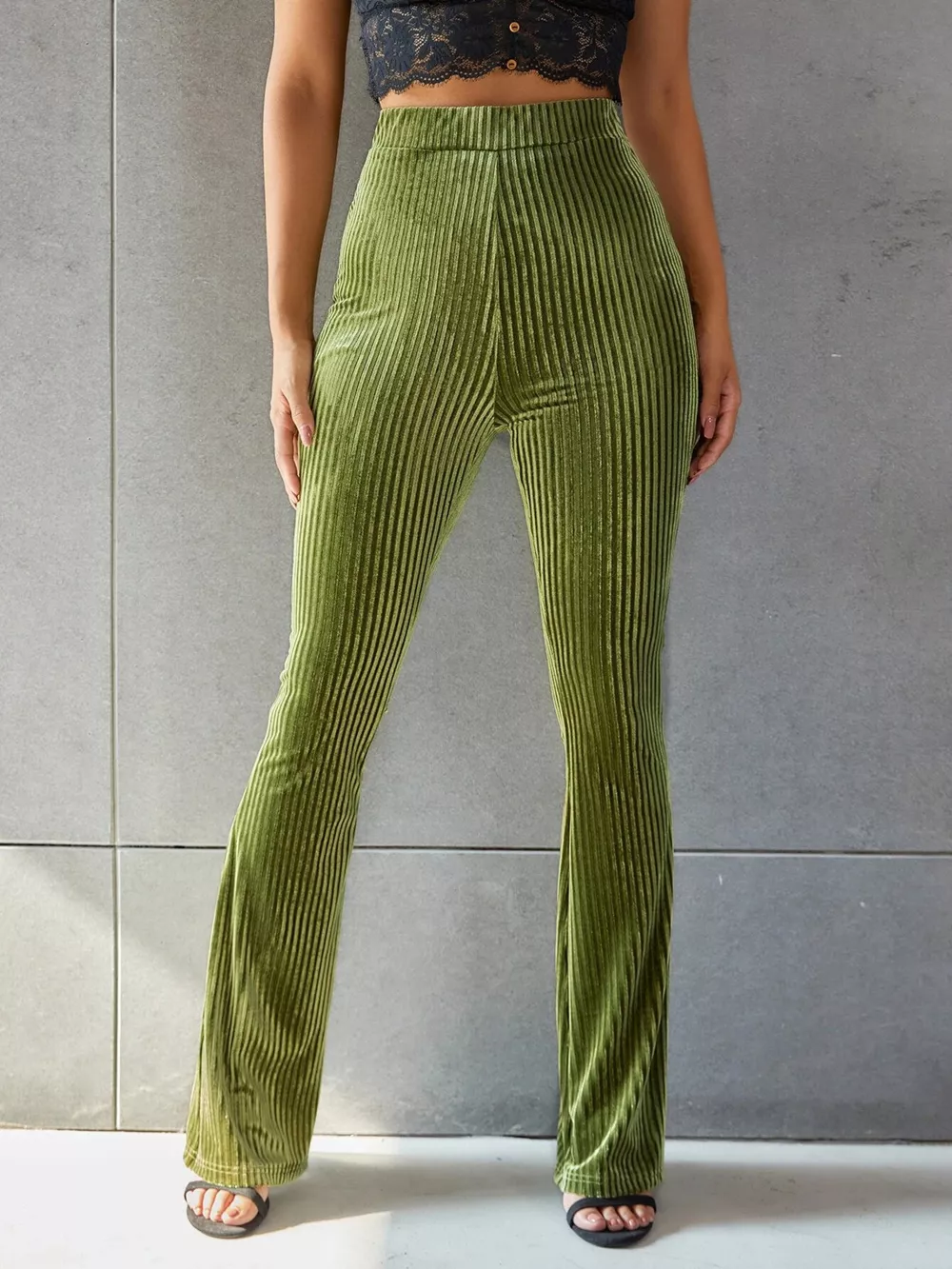 High-Waisted Ribbed Velvet Flare Pants