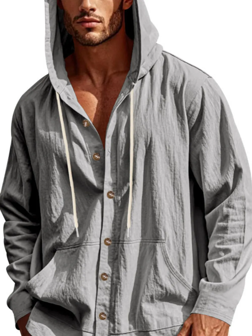 Men's Full Size Drawstring Button Up Hooded Top Plus Size, image 8
