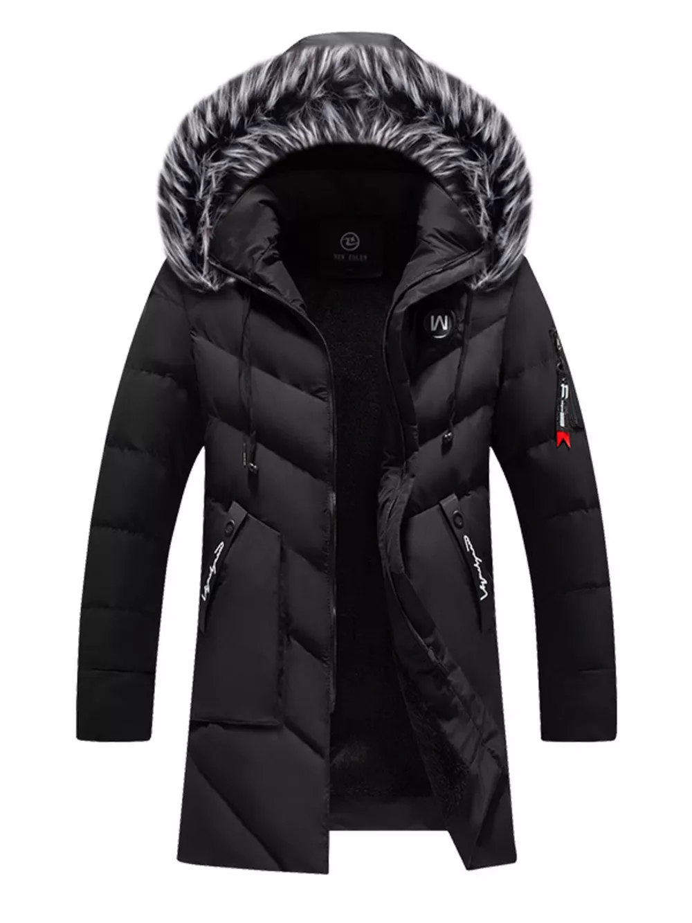 Men's Plus Size Longline Padded Winter Coat with Faux Fur Hood