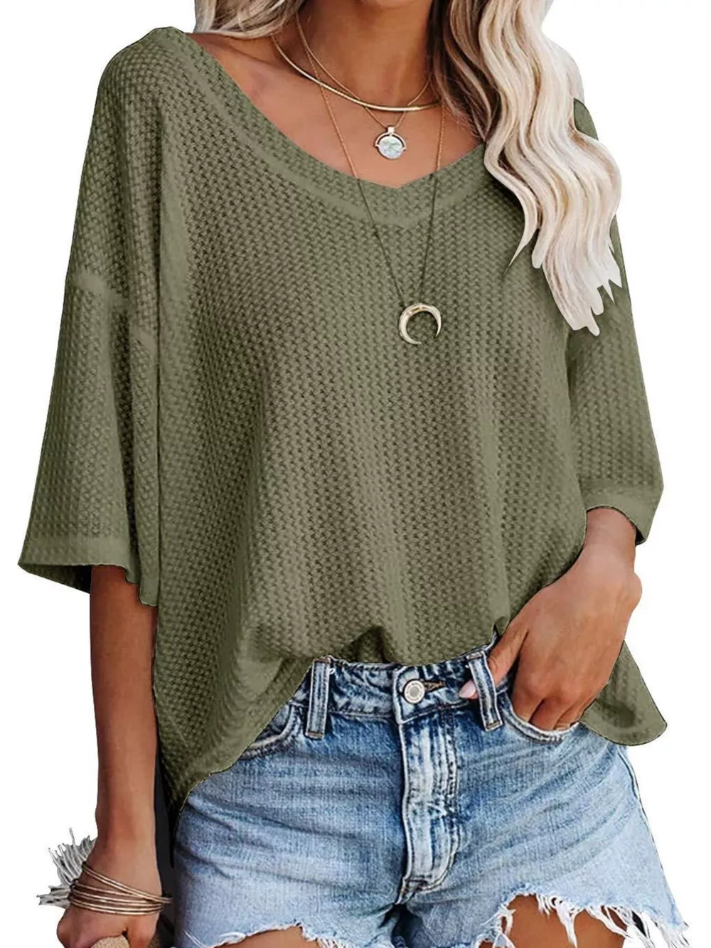 Waffle Knit V-Neck Short Sleeve T-Shirt, image 26