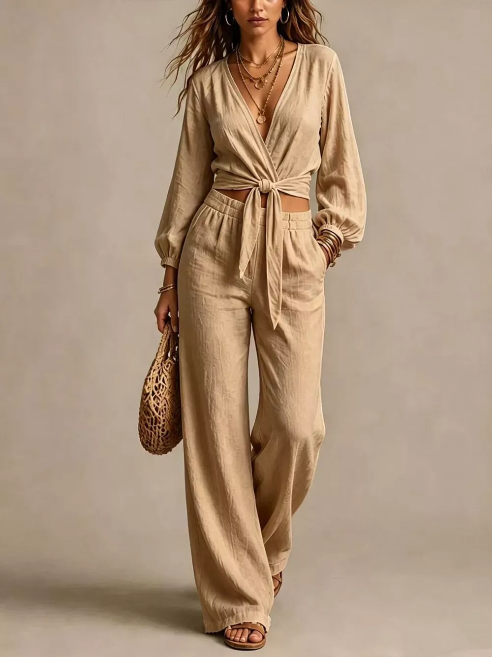 Tie-Front Crop Top and Wide-Leg Pant Set, image 7