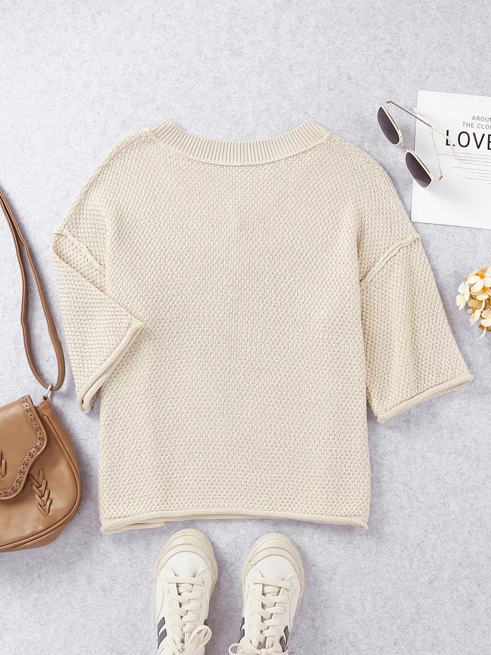 V-Neck Dropped Sleeve Heart Print Valentines Sweater, image 7