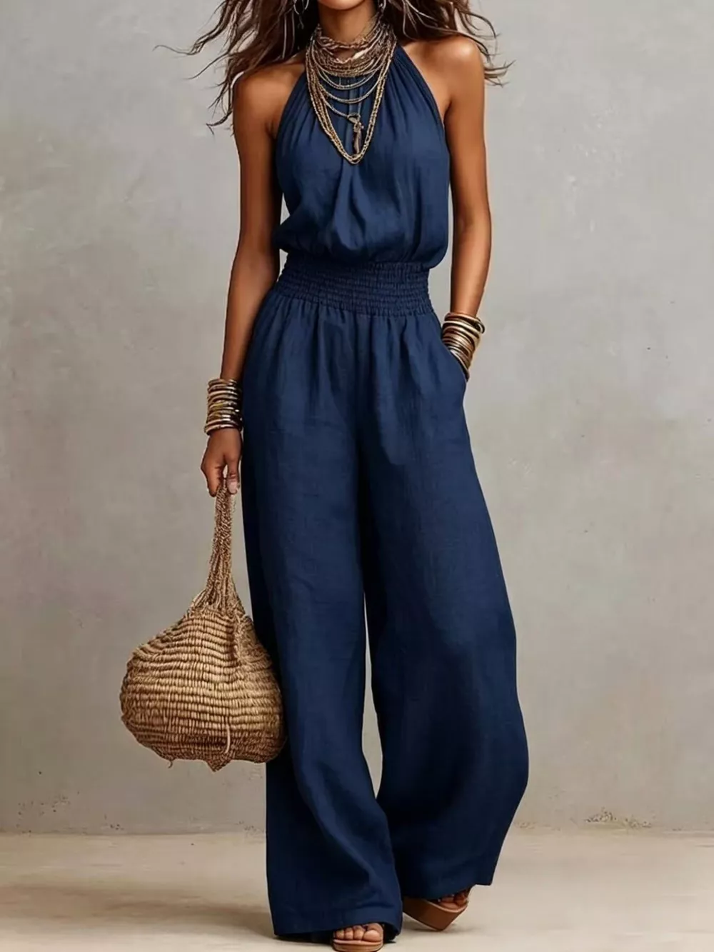 Smocked Halter Neck Wide-Leg Jumpsuit, image 7