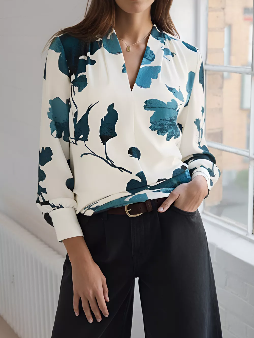 Printed V-Neck Long Sleeve Blouse, image 6