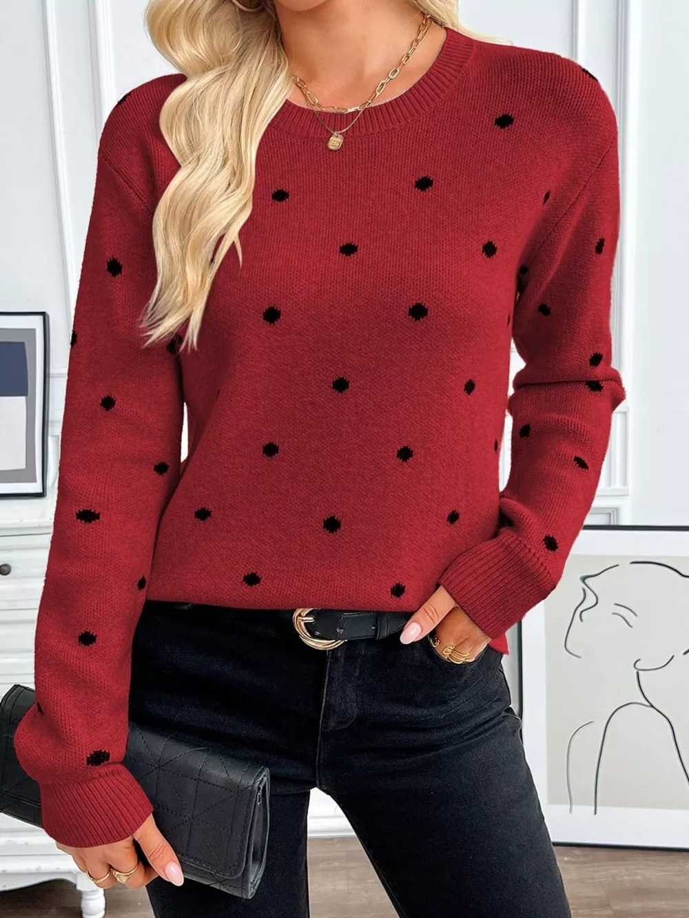 Polka Dot Crew Neck Sweater, image 9