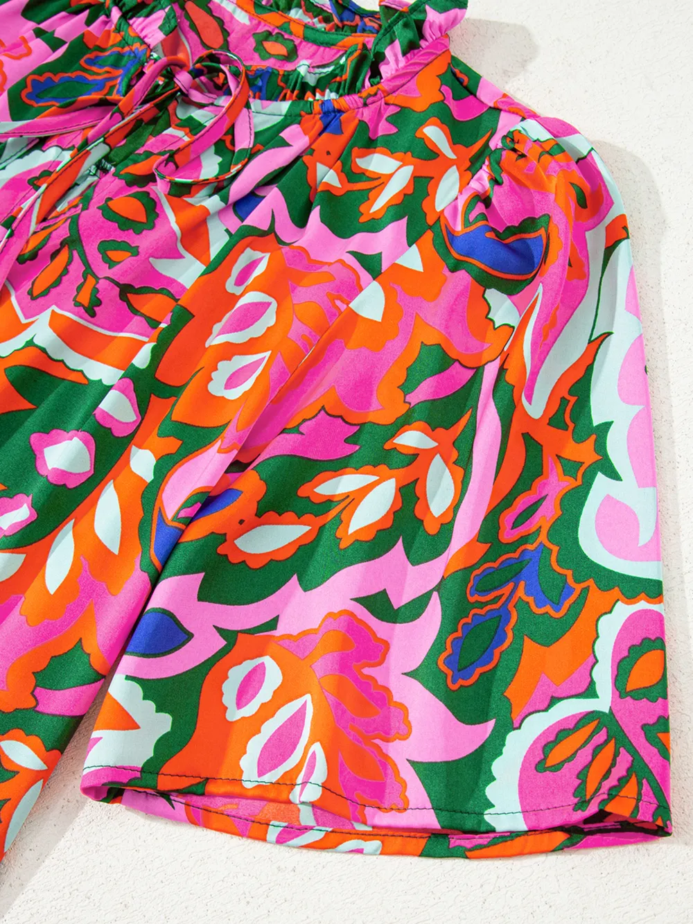 Tropical Print Short Sleeve Tie Neck Blouse, image 7