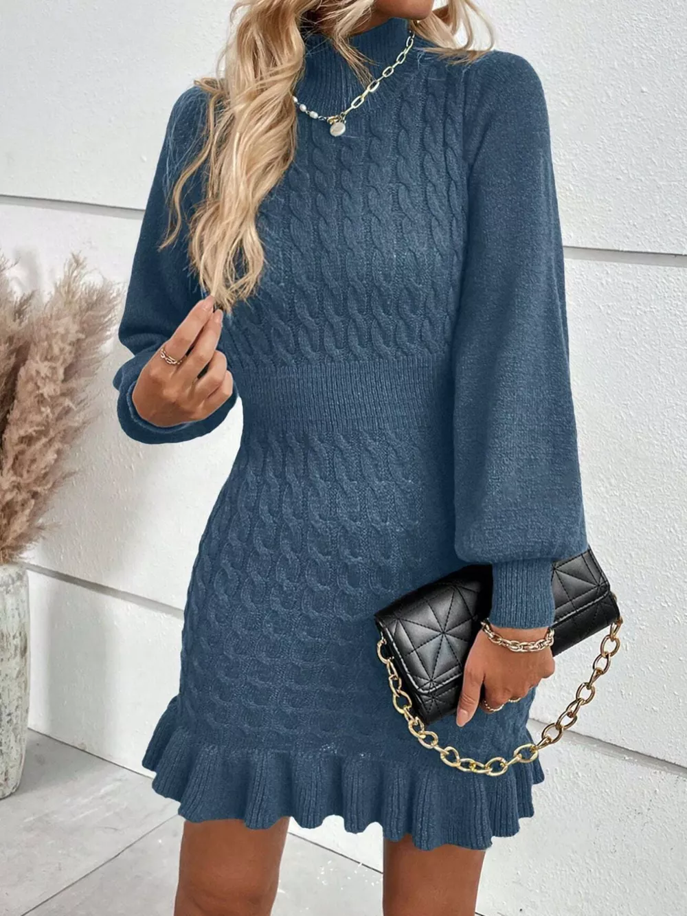 Cable Knit Mock Neck Ruffle Hem Sweater Dress, image 3
