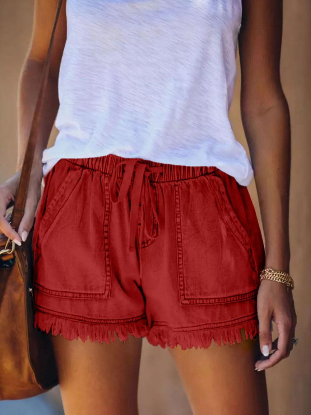 Full Size Drawstring Frayed Hem Denim Shorts Plus Size, image 14