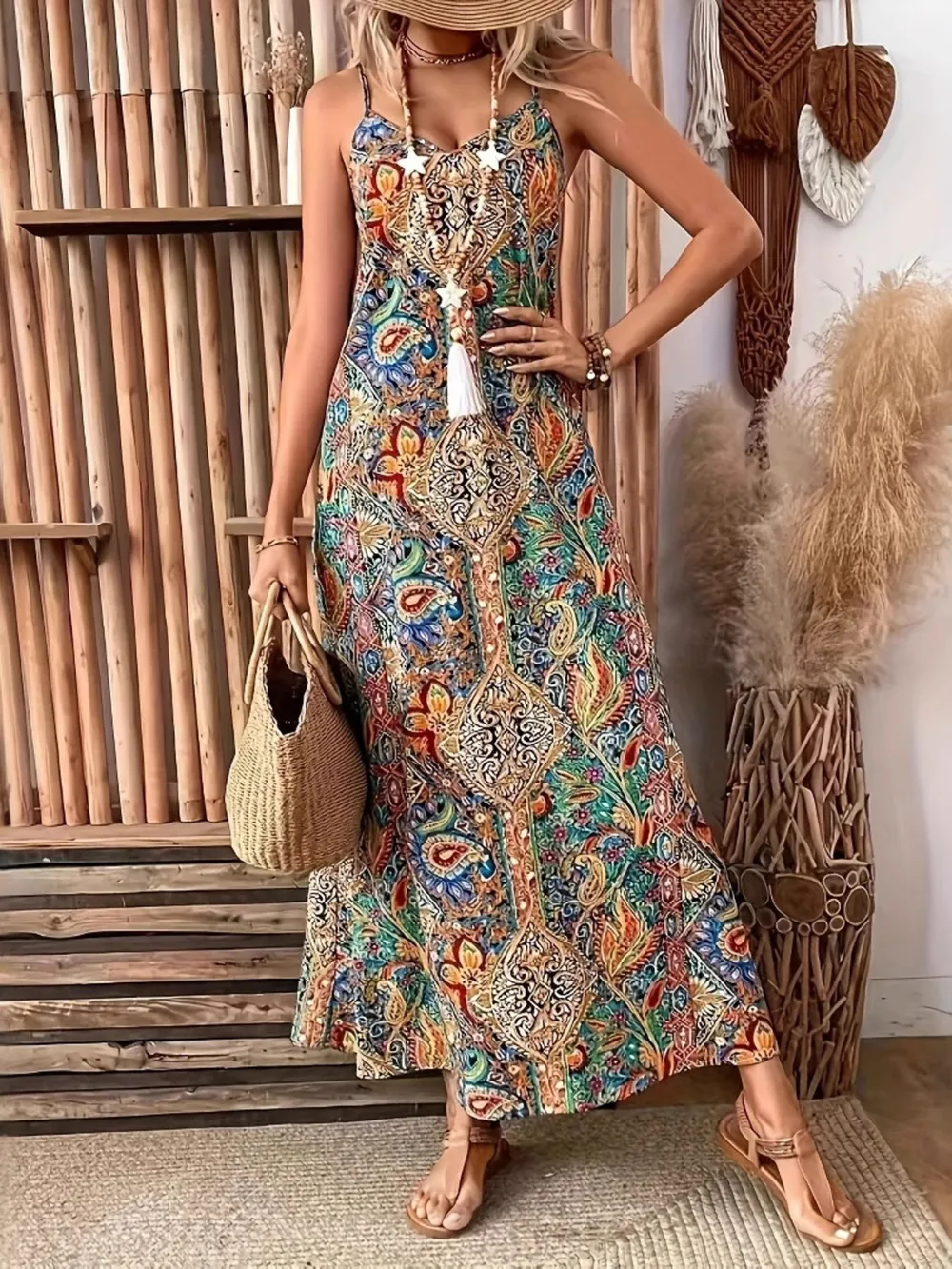 Paisley Print V-Neck Maxi Dress, image 3