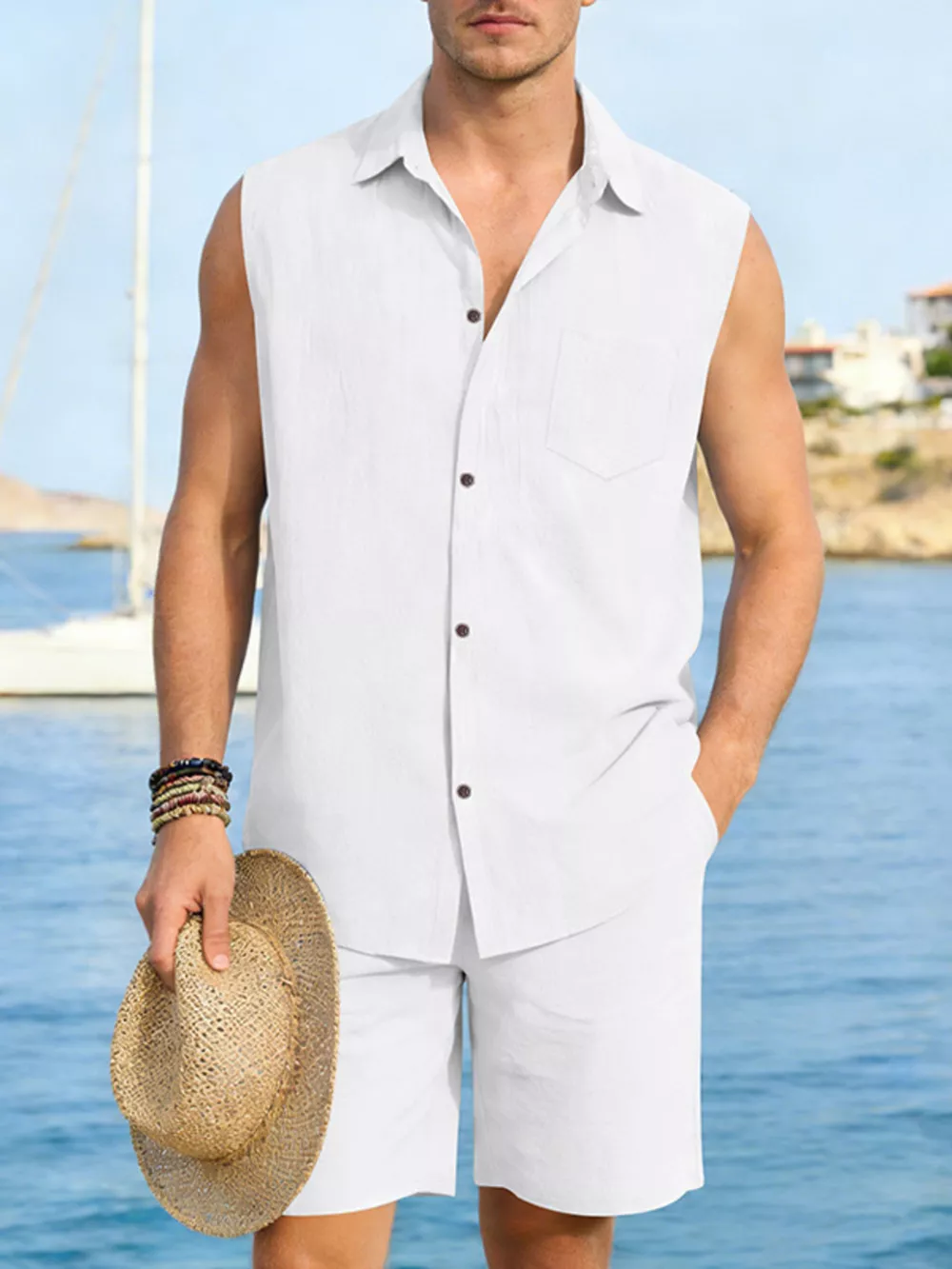 Men's Full Size Button Up Sleeveless Top and Shorts Plus Size, image 10