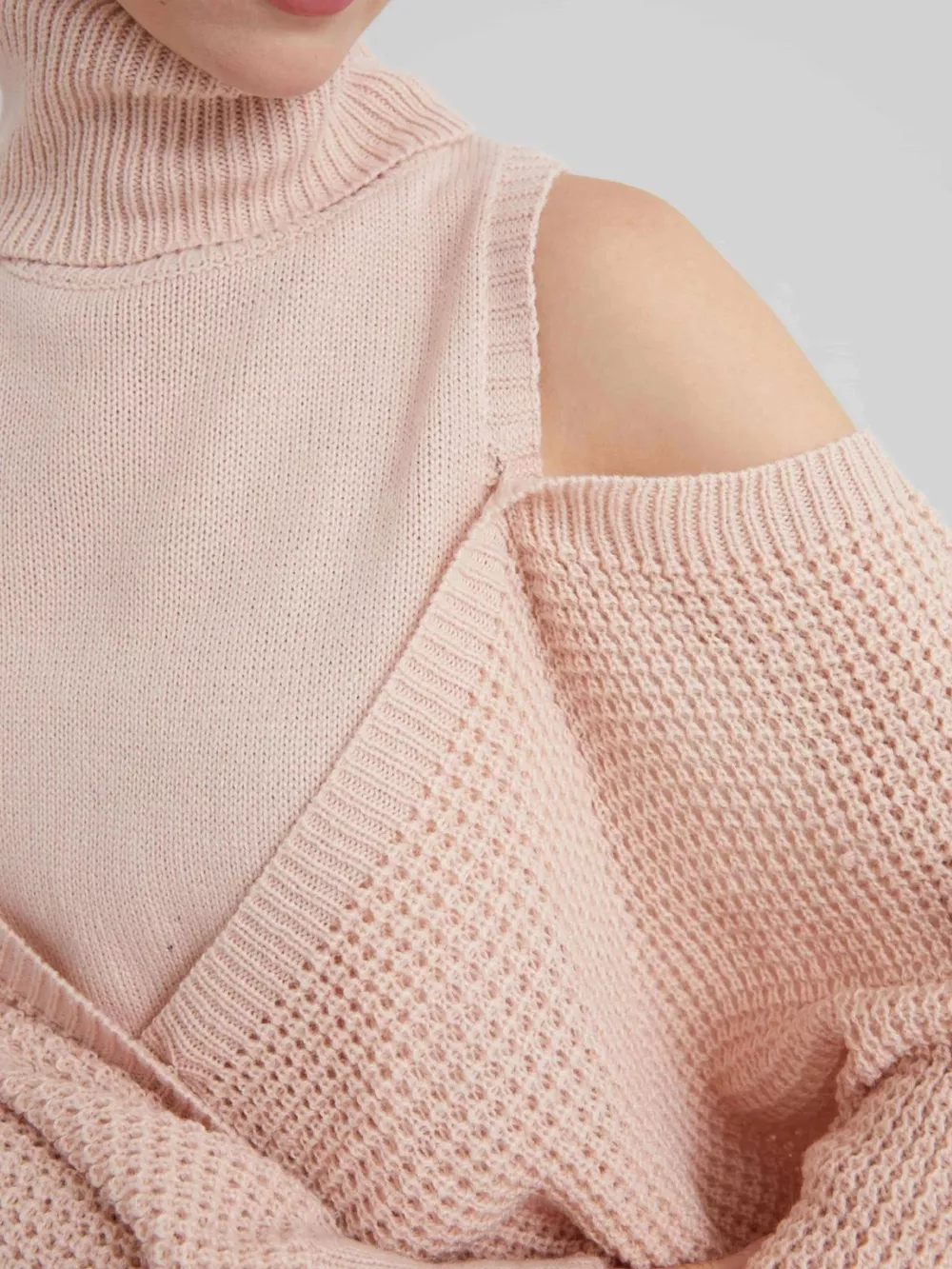 Waffle Knit Cold Shoulder Turtleneck Sweater, image 4