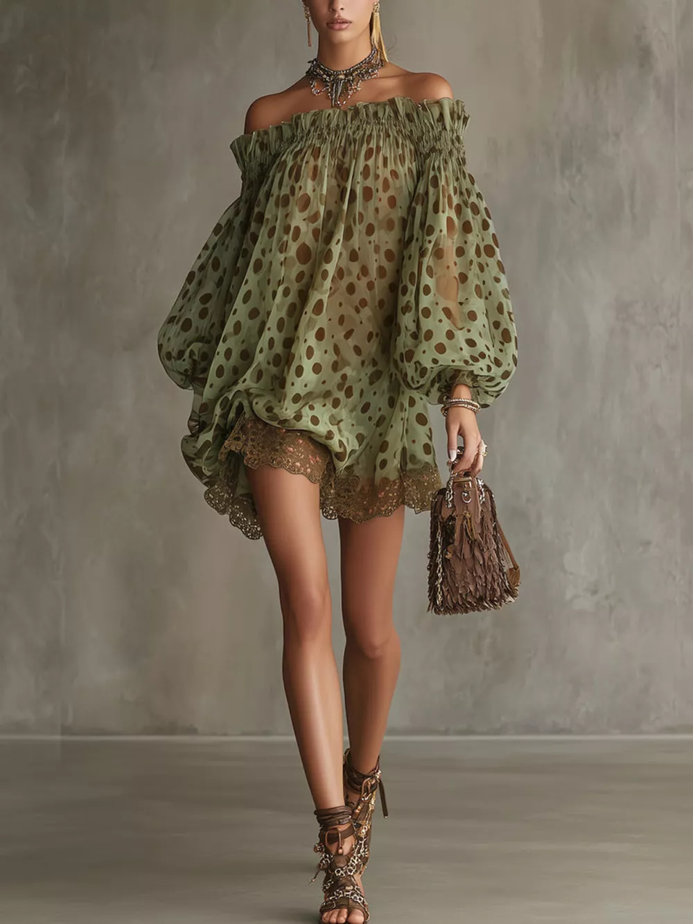 Off-Shoulder Polka Dot Sheer Mini Dress, image 4