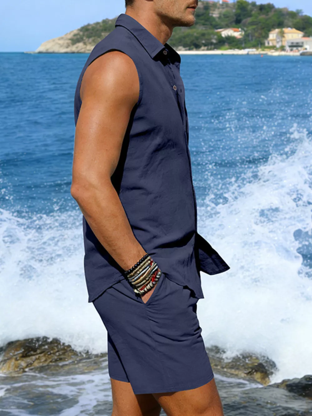Men's Full Size Button Up Sleeveless Top and Shorts Plus Size, image 5