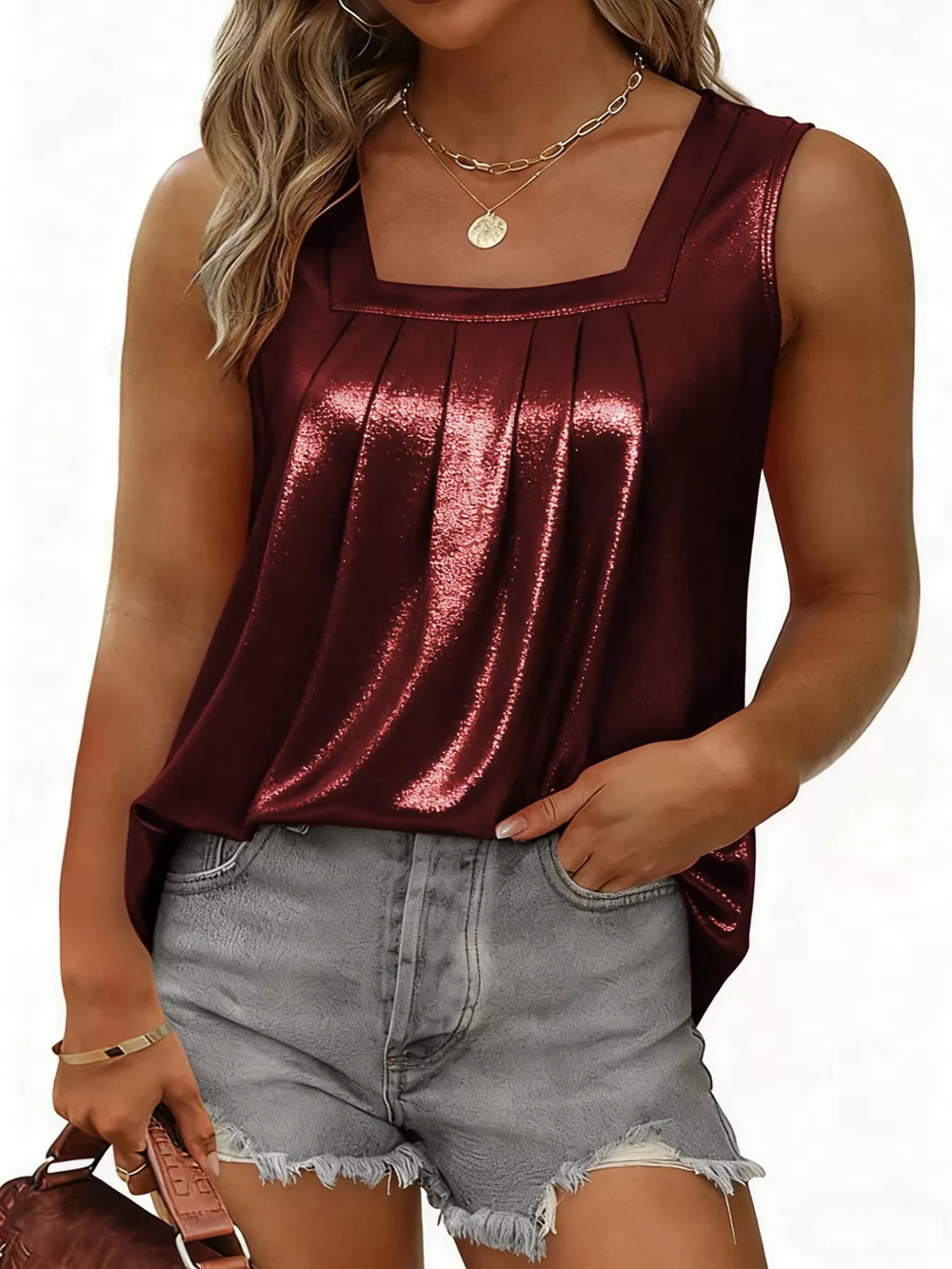 Full Size Pleated Square Neck Tank Plus Size, image 11