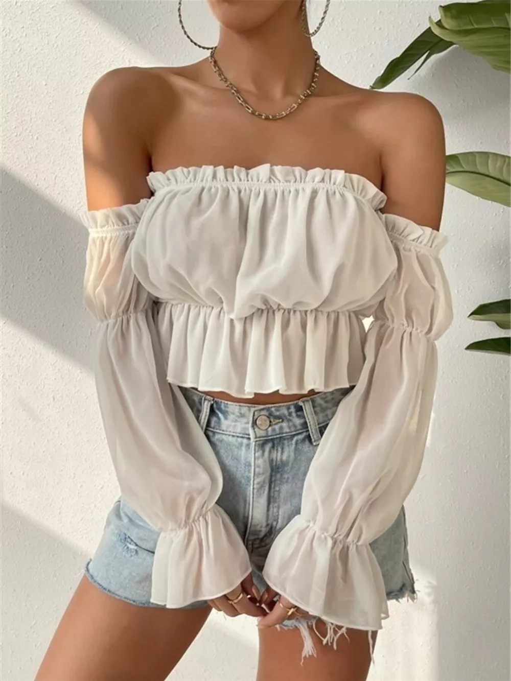 Off-Shoulder Ruffle Trim Sheer Cropped Blouse, image 6