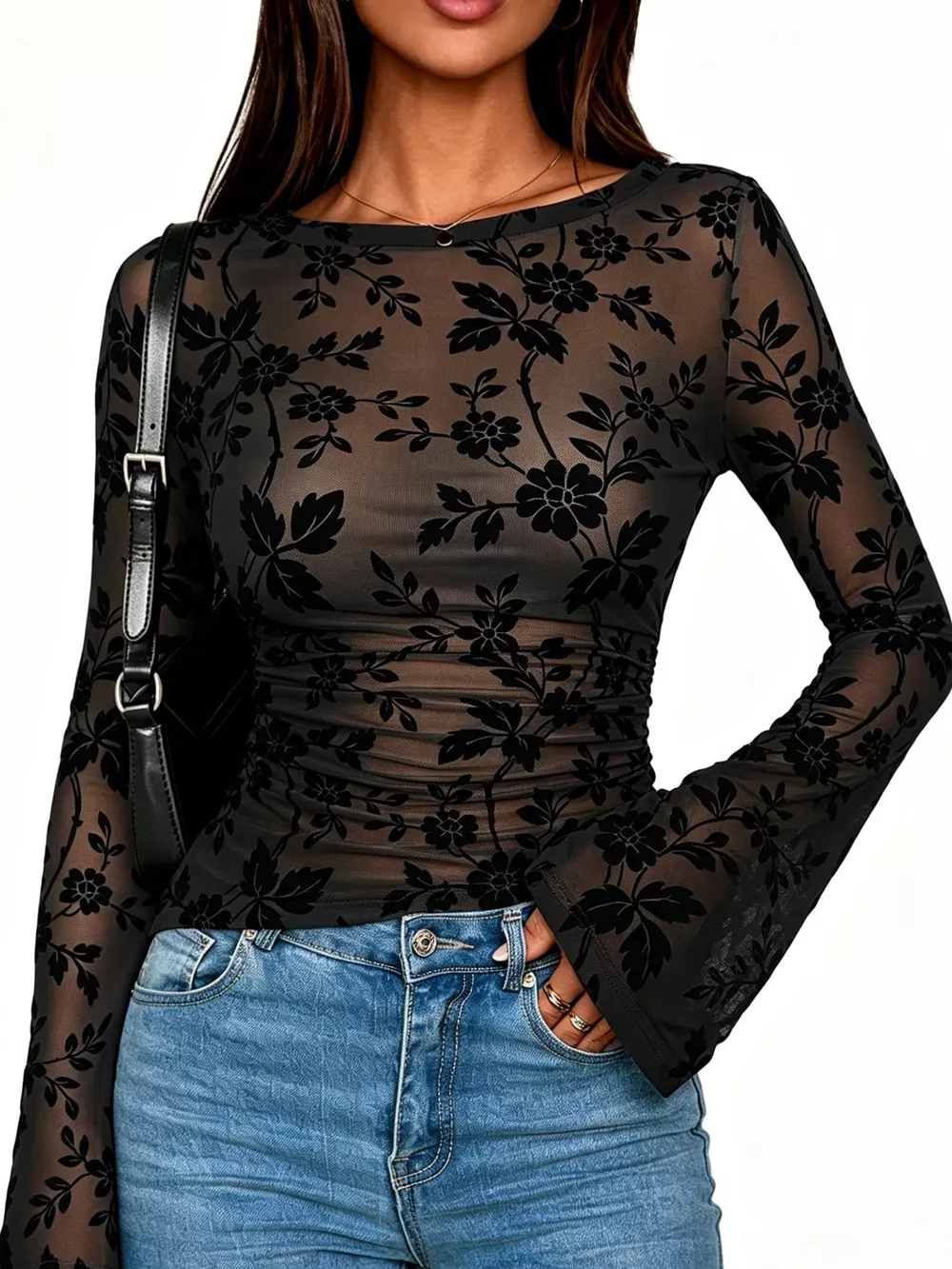 Slim Fit Floral Print Long Sleeve Top, image 4