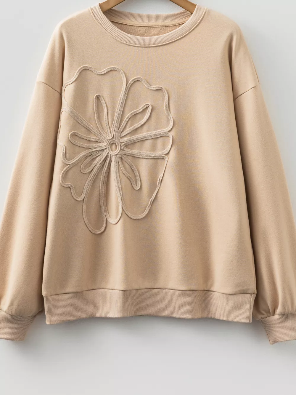Embroidered Flower Pattern Drop Shoulder Sweatshirt, image 6