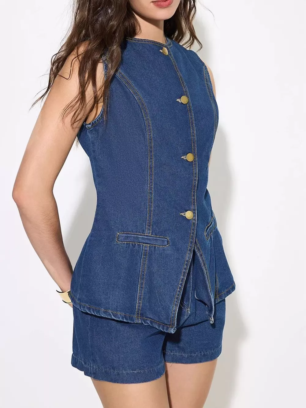Button Up Sleeveless Denim Top, image 4